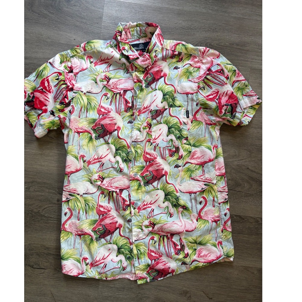 Molokai Surf Co Pink Flamingos Button Down‎ Shirt Mens Short Sleeve Size medium